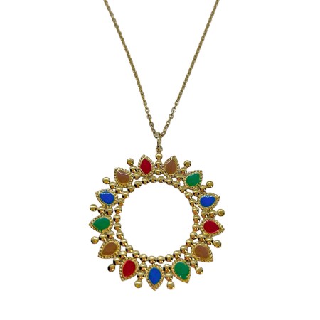 necklace steel gold round colorful crystals